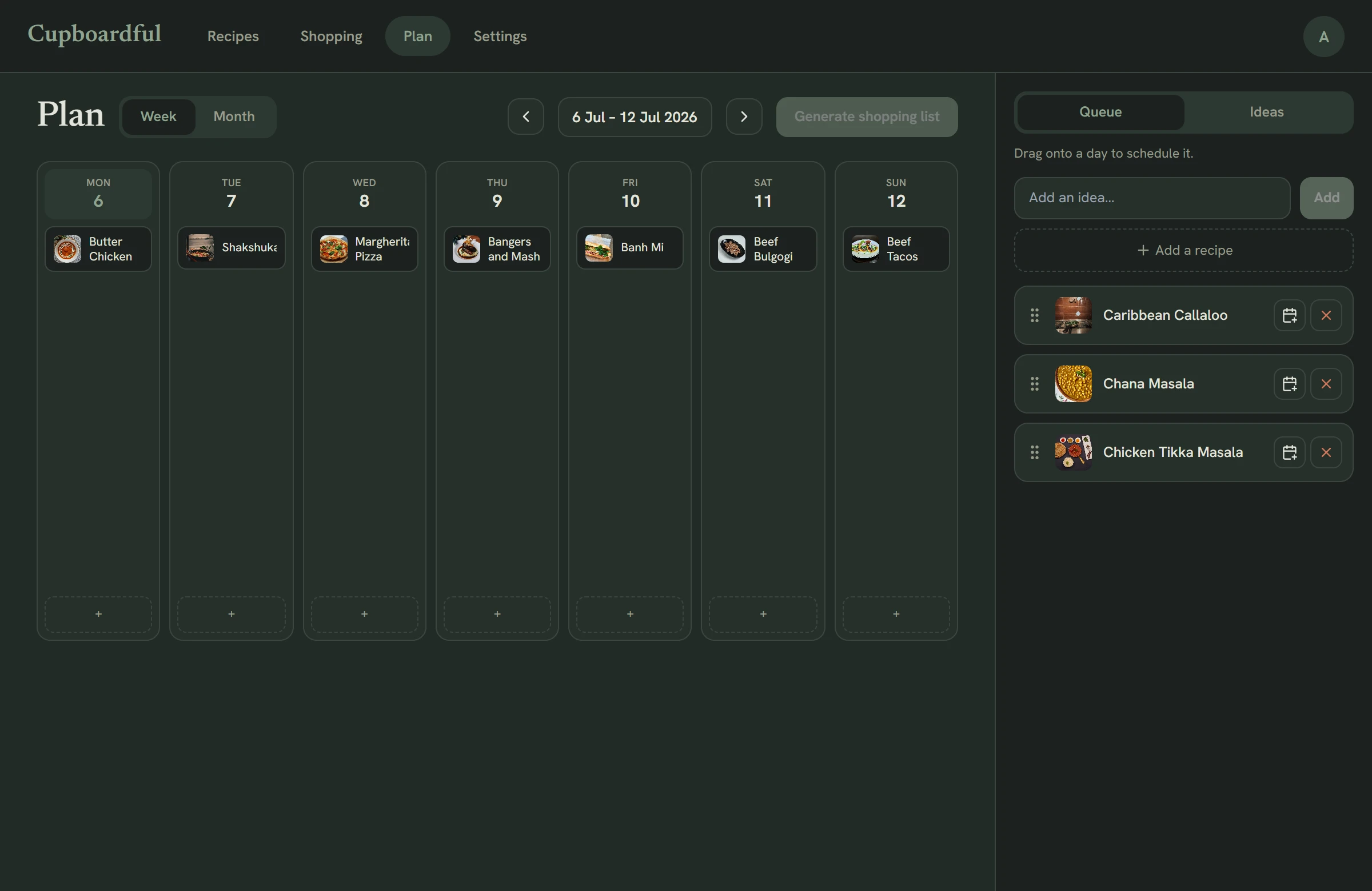 A weekly meal plan calendar in dark mode with the Queue alongside