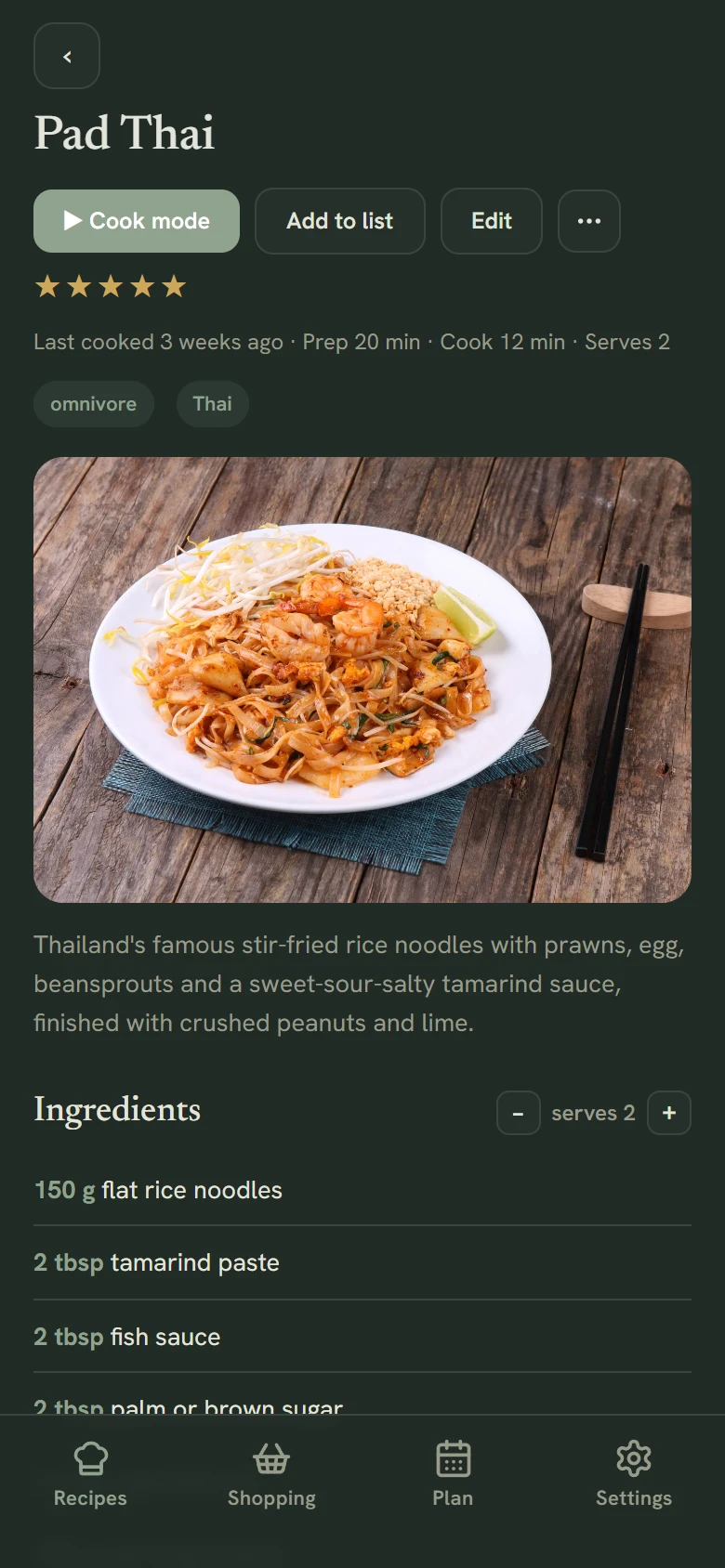 The same recipe on a phone with Cook mode and Add to list actions