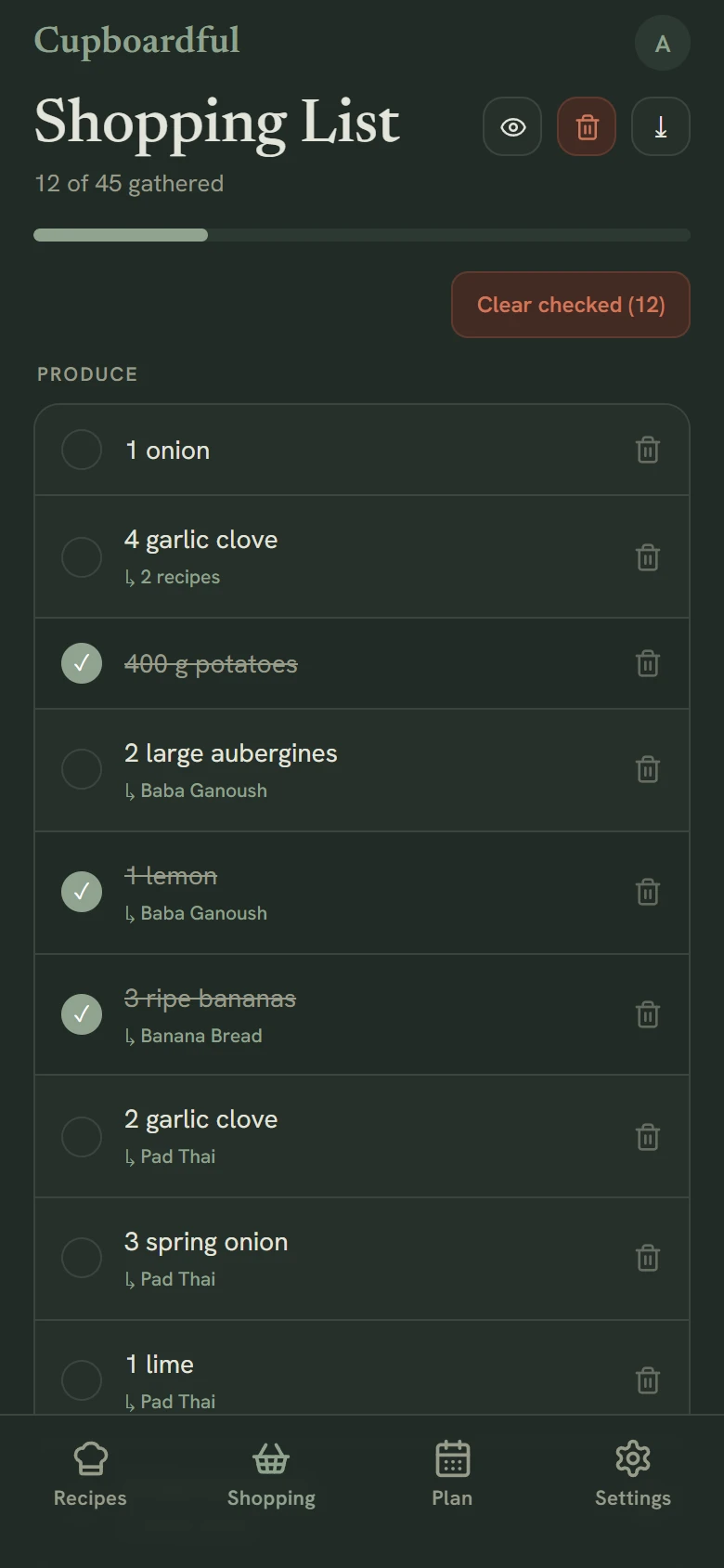 The shopping list on a phone with items checked off