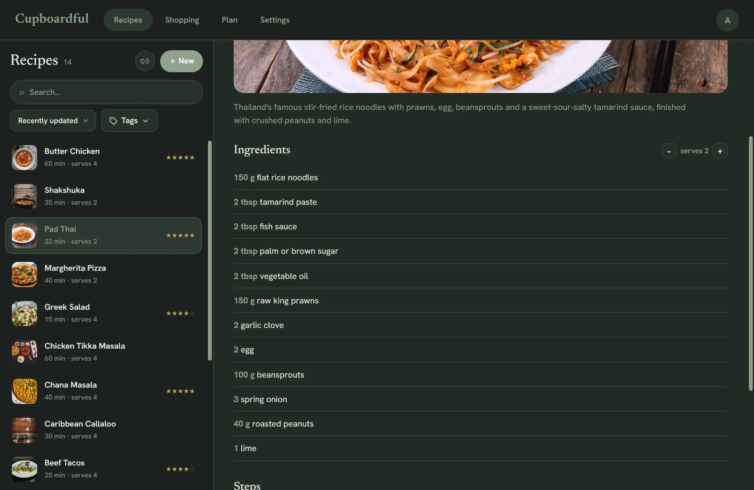 A recipe detail page in dark mode with photo, ingredients, method and serving scaling