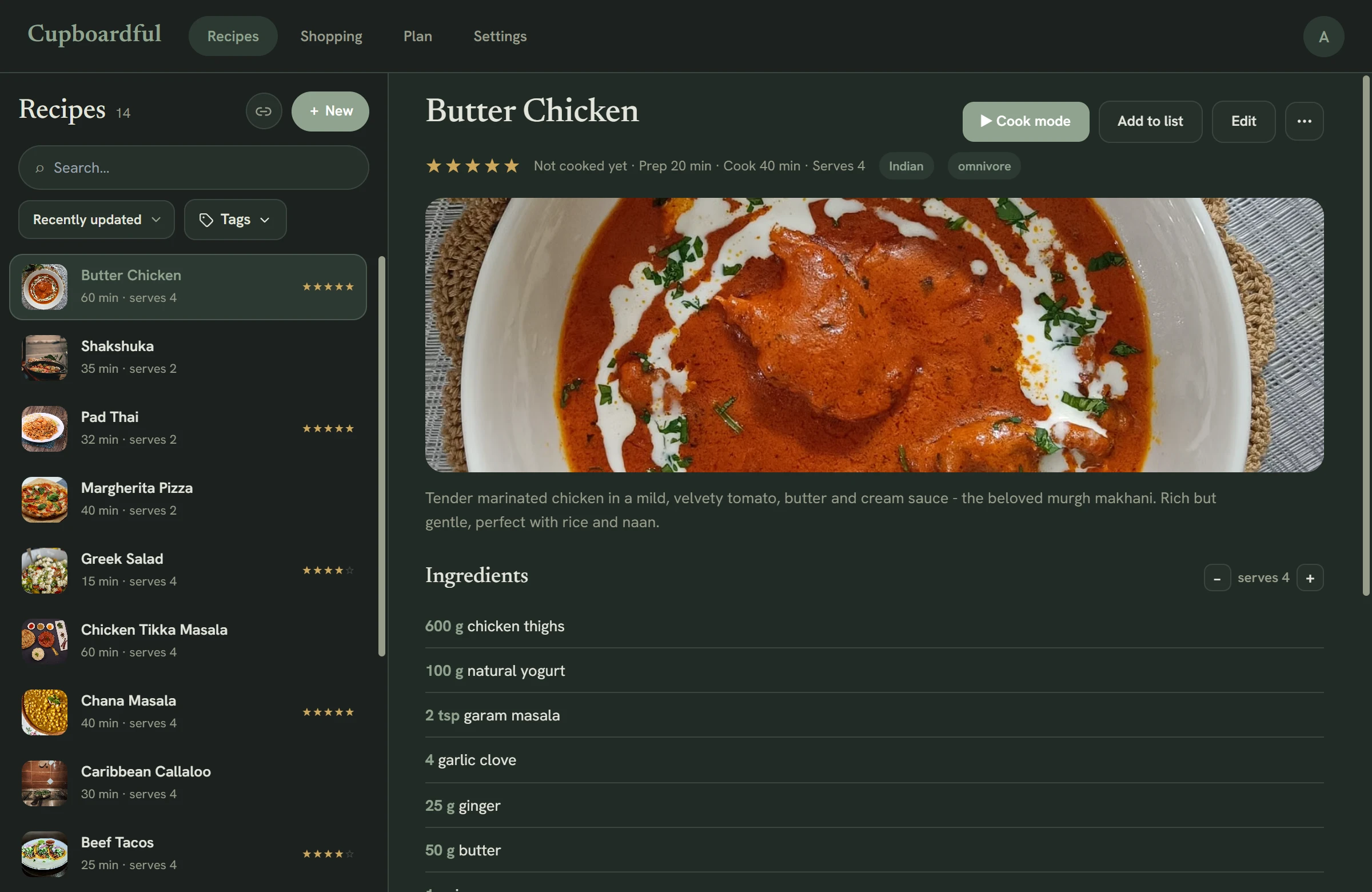 Cupboardful in dark mode on desktop, with a searchable recipe list and a butter chicken recipe open