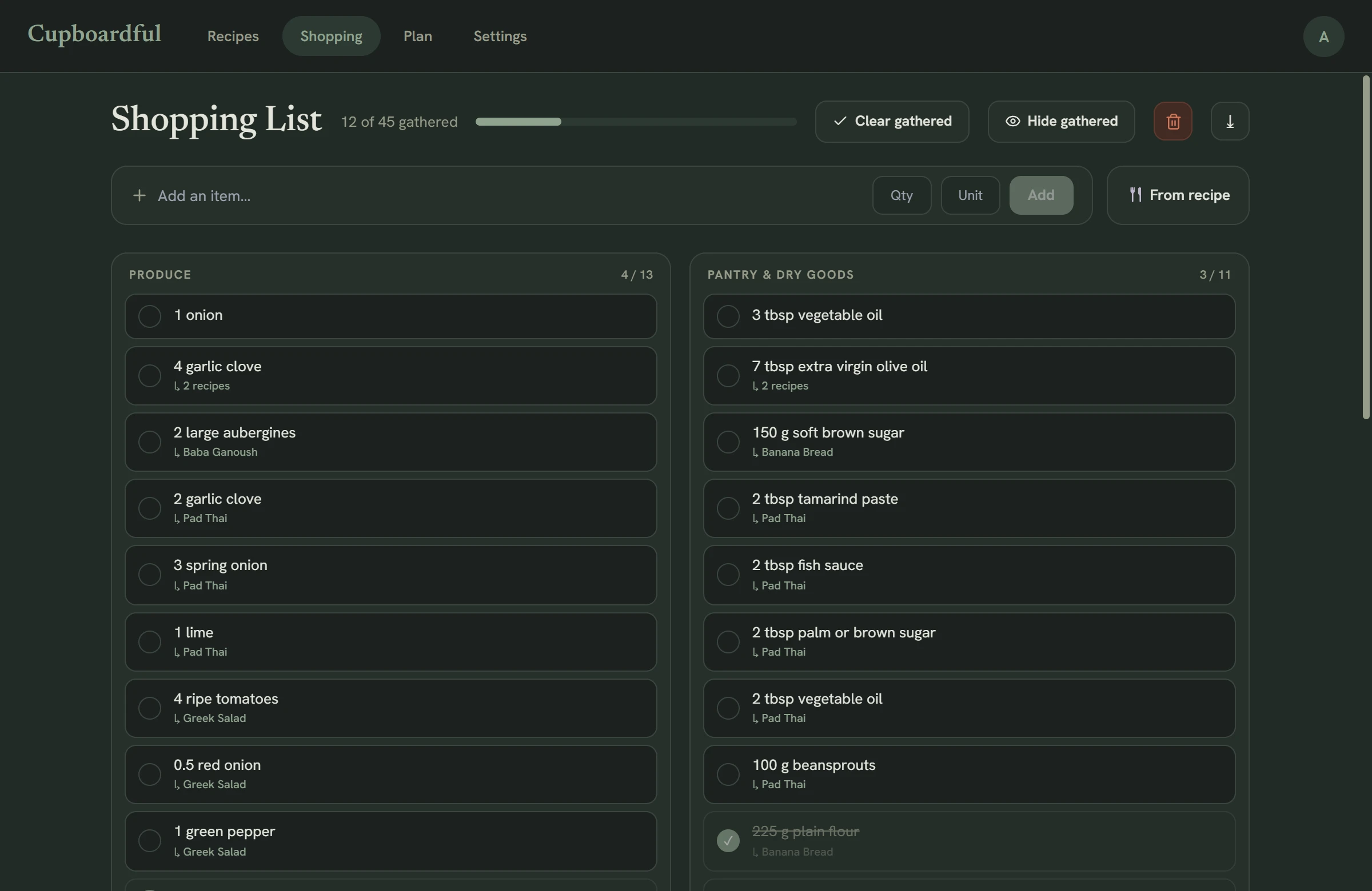 A shopping list grouped by aisle in dark mode with merged quantities and a progress bar